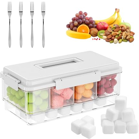 CheurYae Snackle Box Container with Ice Pack,Snack Cooler with Divided Serving Tray,Travel Snack Container with Handle for Fruits,Veggies,Snacks,Keep Food Cold