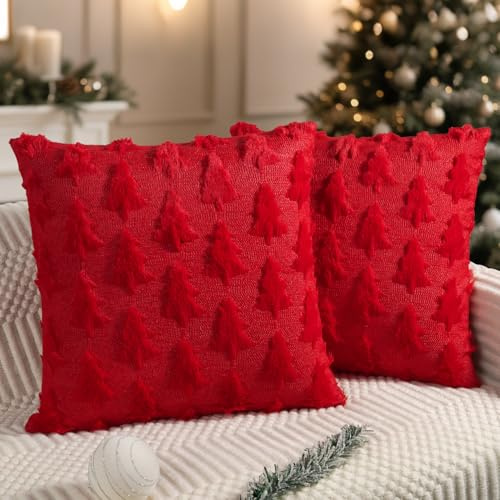 Miaikoe Weihnachtskissenbezüge 40x40 cm Set von 2 Rot Weihnachtsbaum-Kissenbezüge Weich Plüsch Kunstpelz für Winterferien Wohnzimmer Reiseautobahn Sofa Dekoration