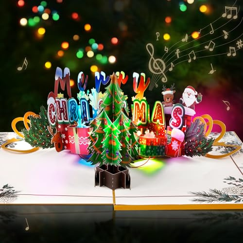 GREETING ART Weihnachtskarte mit Musik und Licht, 3D Pop Up Design, Weihnachtsbäume Motiv, Weihnachtsmelodien