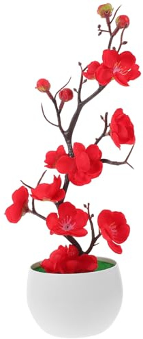 Uonlytech Künstliche Pflaumenblüte als Topfblume aus Kunststoff für Büro | Lebensechte Optik, Farbbeständig und Pflegeleicht, Rot, Leicht zu Arrangieren, für Schreibtisch