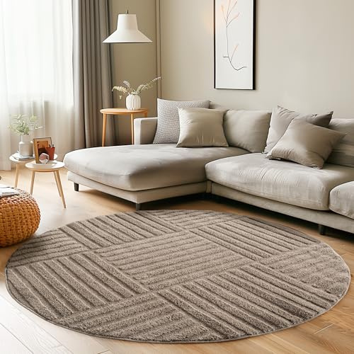 Carpettex Wohnzimmer Teppich Rund 120 cm Beige Hochflor Skandi Boho Karo Design Hoch-Tief Effekt Weicher Shaggy Langflor Flauschig Pflegeleicht Modern für beistelltisch