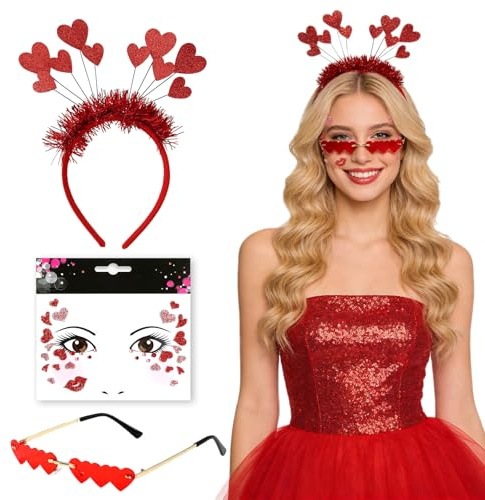 GYIOFAI 3 Stücke Amor-Kostüm-Accessoires für Damen, mit HerzHaarreif, Gesichtstattoo, Herzförmige Brillen Lustige Partybrille, Set Amor Kostüm Damen für Valentinstag Karneval Halloween Party