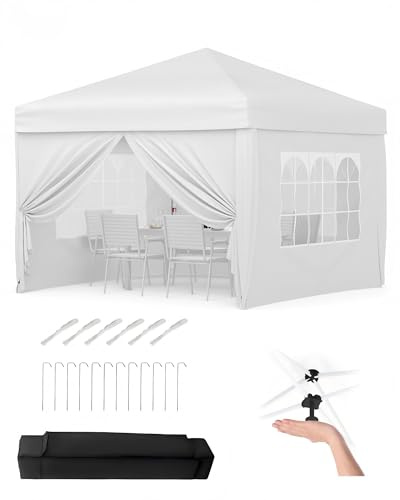 Faltpavillon 3x3 m wasserdicht stabil mit 4 Seitenwänden – Pop up Pavillon faltbar aus 420D Oxford, UV-Schutz 50+, 3-Fach höhenverstellbar, Partyzelt mit Tragetasche für Garten & Outdoor (Weiß)