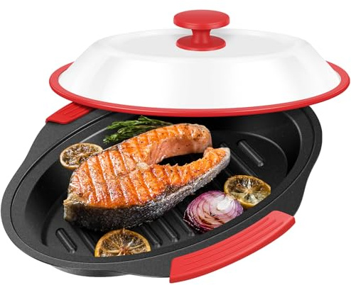 Mikrowellen Grillpfanne mit Deckel,Sicher Microwave Grill Pan mit Verbrühungsschutz und Antihaft,Gleichmäßige Hitzeverteilung,Mikrowellen Crisper, Mehrzweck Mikro Kochgeschirr für Speck & Käse