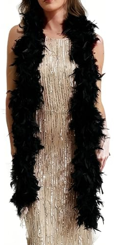 WSOAFVK Federboa, Schwarze Federboa aus natürlichen Truthahnfedern, 2m flauschiger Federschal für Frauen, Partys, Weihnachten, Hochzeitsmittelstücke, Kostüme, Konzerte