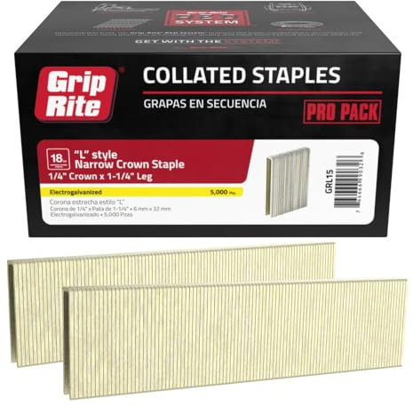 Grip Rite Prime Guard GRL15 18-Gauge Galv L-Style Narrow Crown Staples 1-1/4-inch by 1/4-inch (5,000-Pack), Steel