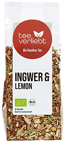 teeverliebt - Bio Rooibos-Mischung Ingwer & Lemon 90g I Loser Rotbusch-Tee in feinster Blatt-Qualität - koffeinfrei I Fruchtig-Frischer Genuss I Aus kontrolliert biologischem Anbau