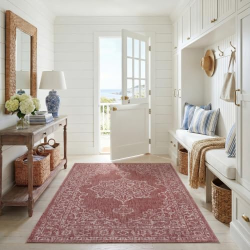 SAFAVIEH Washable Rug Outdoor Courtyard Collection - 6'7 x 9'6, Terracotta & Beige, Non-Shedding & Easy Cleaning, Ideal for Patio, Backyard, Mudroom (CY8481-36521)