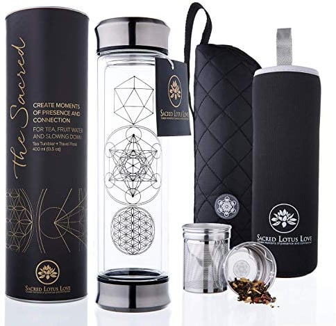 The Sacred Glass Tea Tumbler Bottle with Infuser and Strainer for Loose Leaf or Ice Tea. Cold Brew Coffee or Fruit Water Maker. 410ml Travel Bottle Mug