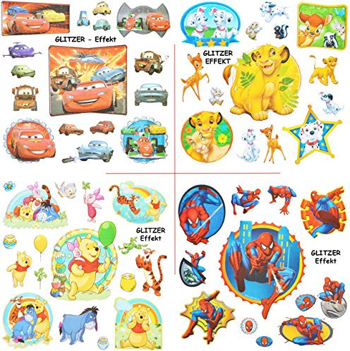 3 * 14 TLG. Set - 3-D Effekt - Glanz - Sticker/Aufkleber - Tiere - Cars - Spyderman - Pooh - Soft Touch - selbstklebend/auch für Textilien & als Kinde..