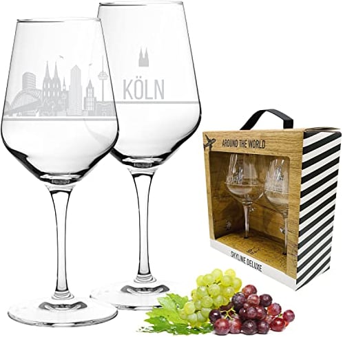 3forCologne | 2er Set Weinglas Köln | Geschenk in edler Verpackung | Siebdruck, detaillierter als Gravur | Weingläser Set als Rotweingläser oder Weißweingläser nutzbar | XL Gläser als Souvenir.