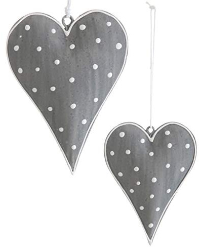 Metallherzen Herzen zum Aufhängen - Herzanhänger aus Metall - Dekoherzen - Dekoration - Vintage - Shabby Chic - 1 VE = 2 Stück - ca.7.5 x 10 cm - Dunkel Grau mit weißen Punkten - AD68376