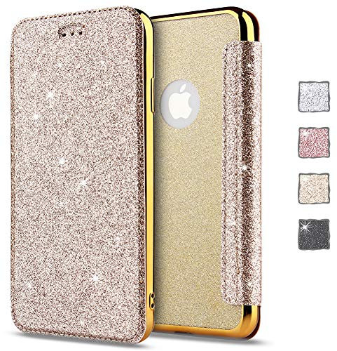 KOUYI Funda para iPhone XS/X, Cárcasa Brilla Glitter Brillante,Case de Estilo Billetera,Carcasa PU Leather con TPU Case Interna Suave para Apple iPhone XS/X 5,8 Pulgadas (Oro)