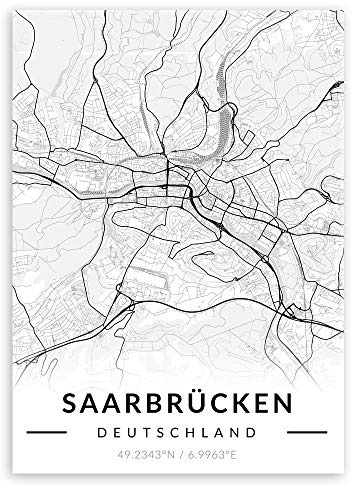 Murrano Metal Poster Metallbild Metallposter - Städte - Poster Stadt - mithilfe eines Magnets montiert - schwarz-weiß - Saarbrücken - 67 x 48 cm