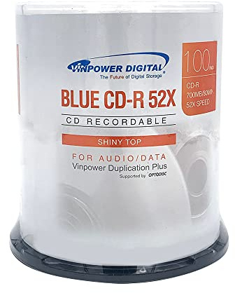 Vinpower Digital Blue AZO CD-R 700MB 52X Shiny Silver Top Recordable Media Disc - 100pk Cake Box 16M-115-BX (FFB), 100 Discs
