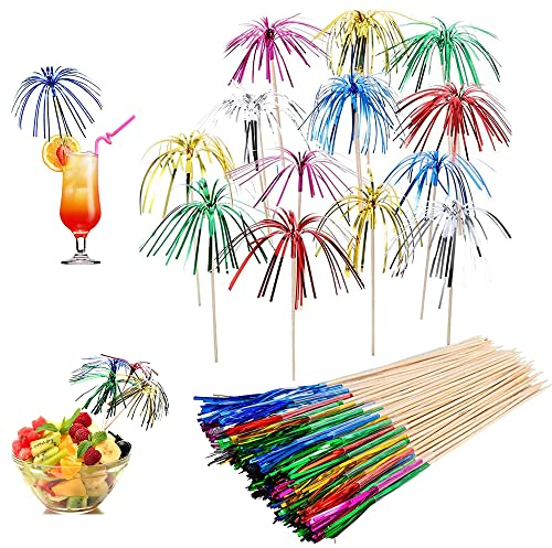 OMIGA 100 Pièce Feu d'artifice Cocktail Bâtons Feu d'artifice Bambou Bois Bâton Decoration Cocktail pour Collations Boissons Fruits Dessert et Anniversaire Fournitures de Fête Mariage (Couleur)