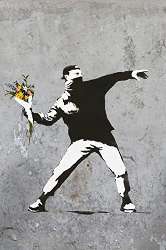 Banksy Bilder auf Leinwand - Blumenwerfer hochkant grau- Wandbild für zuhause, hochwertige Streetart graffiti Kunstdruck I Wanddekoration, XXl Leinwandbilder I fertig zum Aufhängen (80x120 cm)