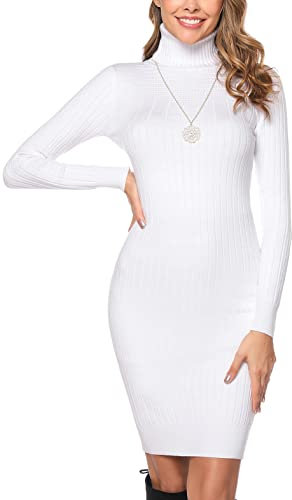 Irevial Robe Femme Col Roulé Pull Hiver Manche Longue Tricot Robe Laine Femme Robe de Soirée Robe Décontractée Haut Élégante Blanche, M