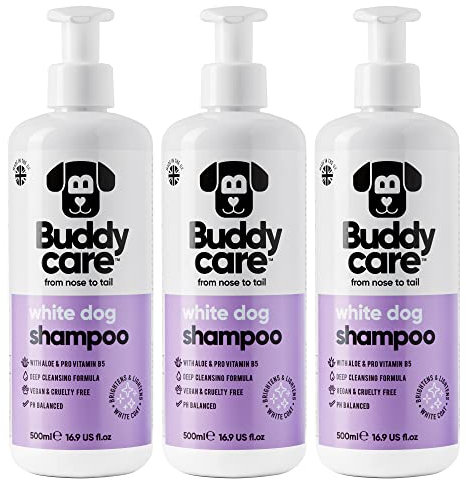 Weißes Hundeshampoo von Buddycare - Aufhellendes und Aufhellendes Shampoo für Hunde - Tiefenreinigung, frisch duftend - Mit Aloe Vera und Pro-Vitamin B5 (500ml x3)