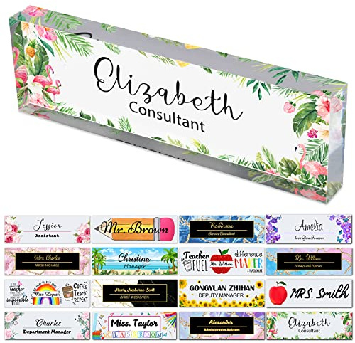 Placas de nombre de escritorio para oficina, placas de nombre acrílicas personalizadas para escritorios, diseño de flamencos en decoración de agradecimiento transparente, regalo (8 x 2.5 pulgadas)
