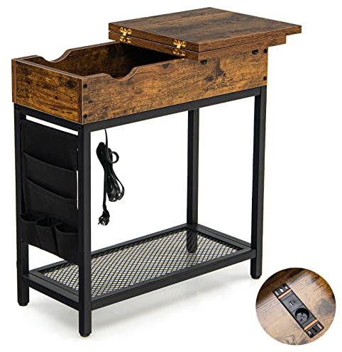 COSTWAY Bout de Canapé avec Prise, Table d’Appoint Rabattable, 1 Ports USB, 1 Type-C, Pochette en Tissu Amovible, Étagères en Treillis Métallique, Table de Chevet pour Salon Chambre, 60x30x58,5cm