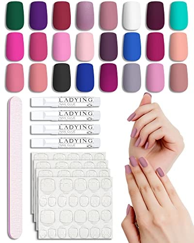 LADYING 24 Packs (576 PCS) Matt Eckig Nägel Zum Aufkleben Mittel,Hochwertig Kunstnägel Fake Nails Square,Farbig Press on Nails Set mit Nagelfeile,Fingernägel Künstliche Nägel für Frauen