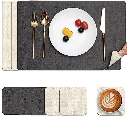 Myir JUN Tischsets Abwaschbar Leder und Untersetzer, Doppelseitigen Platzset 6er Set rutschfest Platzdeckchen Leder Kunstleder Tischset (Grau Cremeweiß, 6er Set)