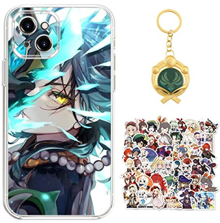 Staremeplz Compatible with iPhone 13 Case Genshin Impact Xiao Anime Game Design [With Vision Keychain and 50pcs Stickers] Cartoon Transparent Soft Silicona Case for iPhone 13