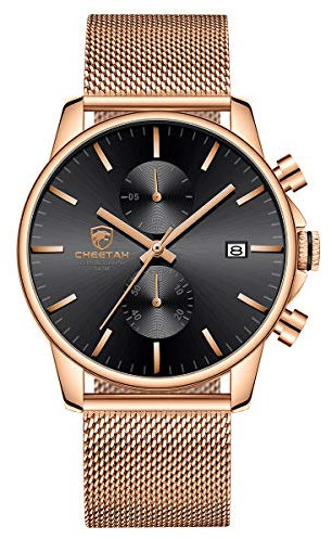 Affute Montre pour homme, tendance, sport, à quartz, analogique, maille noire, acier inoxydable, étanche, chronographe, affichage automatique de la date, Classique