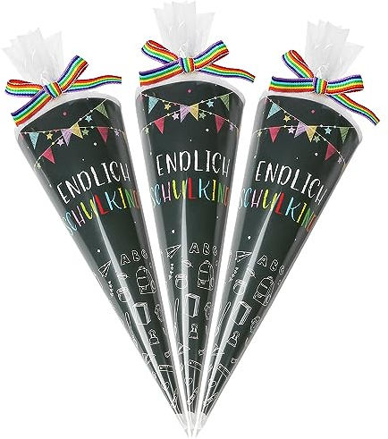 COLOFALLA 12 Stücke Geschwister Schultüte Klein 20cm Klein Zuckertüten zum Befüllen Endlich Schulkind Geschenke Deko für Einschulung Schulanfang Junge Mädchen