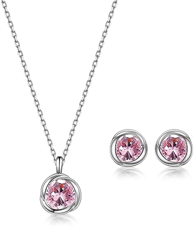 immobird Schmuck Set Damen April Geburtssteine Silber 925 Kette Und Ohrringe Set Runde Morganit-Rose Design Geschenke Für Frauen Mama