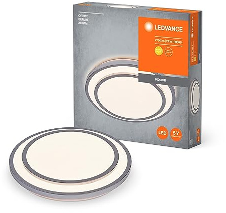 LEDVANCE ORBIS BERLIN LED-Deckenleuchte 390mm, silber, 24W, 2700lm, warmweiße Lichtfarbe, sehr homogene Lichtverteilung, lange Lebensdauer, fest verbautes LED-Modul, rund, IP20 Schutzklasse, 3000K