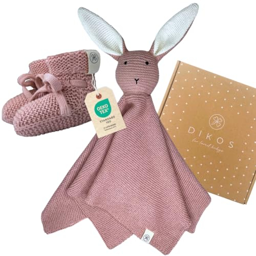 Geschenkset Hase altrosa Kuscheltuch Schmusetuch Schnüffeltuch Babysocken Bio Baumwolle Strick Baby Neugeborene Erstausstattung Mädchen personalisiert Babygeschenk Geschenk Geburt Babydecke mit Namen