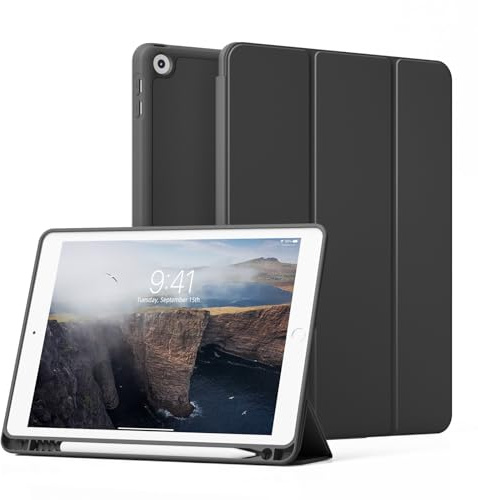 ZKTUYU Hülle für iPad 9. / 8. / 7. Generation mit Stifthalter 10.2 Zoll Modell 2021/2020/2019,Ultradünne Schutzhülle aus TPU mit Standfunktion für iPad 10,2 Zoll,Auto Wachen/Schlafen Funktion, Schwarz