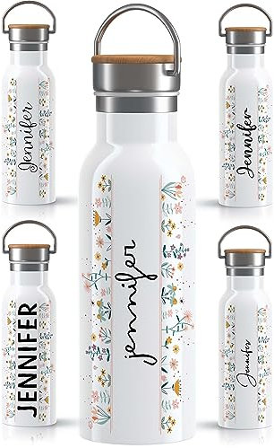 OWLBOOK Blumen Handschrift Trinkflasche personalisiert Erwachsene Frauen Edelstahl 600ml - Thermo Wasserflasche auslaufsicher schadstofffrei wiederverwendbar BPA frei - für Büro Sport & Outdoor