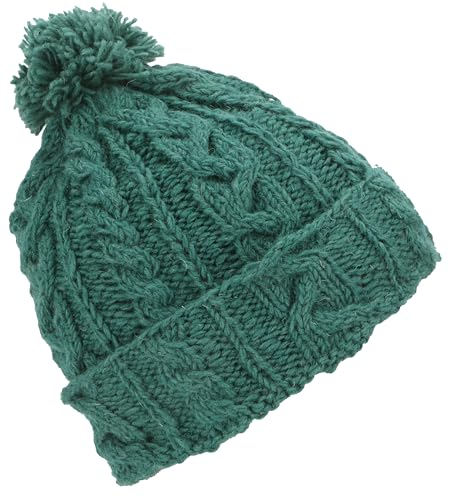 GURU SHOP Beanie Mütze, Bommelmütze aus Nepal, Wollmütze, Schurwolle, Herren/Damen, Smaragdgrün, Size:One Size