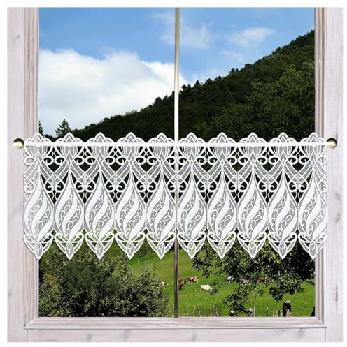 Scheibenhänger Loreta aus Echter Plauener Spitze klassisch-Moderne Kurzgardine mit Ornamenten in weiß 33 x 144 cm