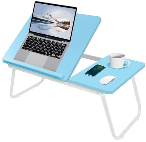 Blisswood Folding Laptop Table & Desk, Bed Tray with Foldable Legs & Cup Slot, Sofa Breakfast Table Laptop Lap Desk Notebook Stand for Reading, Writing & Working (Blue)
