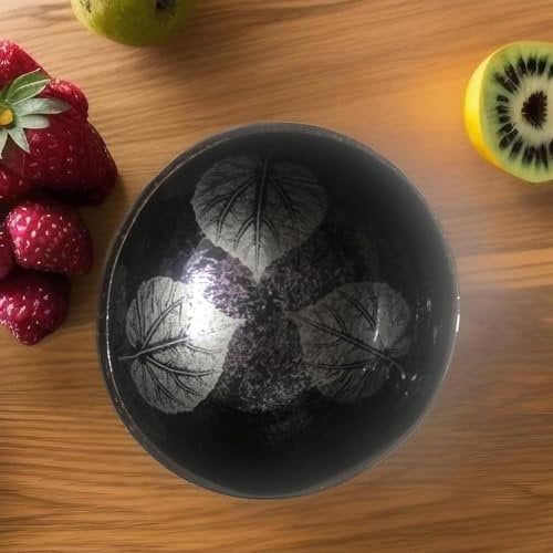 Handmade Eco-Friendly Coconut Bowl and Spoon Set with Bamboo Straw: Ideal Vegan Gift, Porridge or Poke Bowl - Gorgeous Hand-Painted Grey Leaf Design in Gift Box
