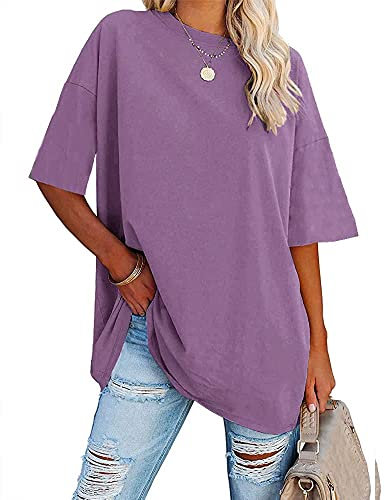Ebifin Maglietta da donna oversize, scollo rotondo, a maniche corte, casual, casual, casual, estiva., 02-Lilla, M