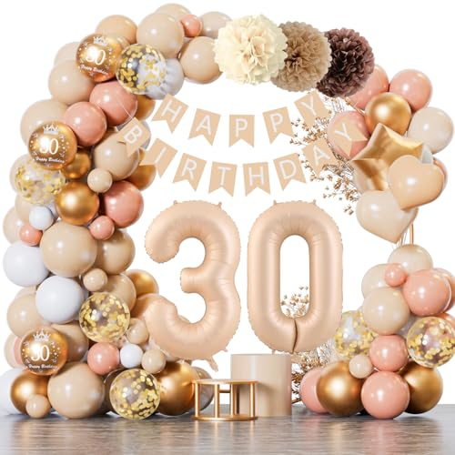 30 Geburtstag Deko, 30 Geburtstag Frauen Männer, Geburtstagsdeko 30, Beige Vintage Rosa Ballon Deko mit Happy Birthday Girlande, Deko 30. Geburtstag Luftballon für Männer Frauen 30 Jahr Geburtstagdeko