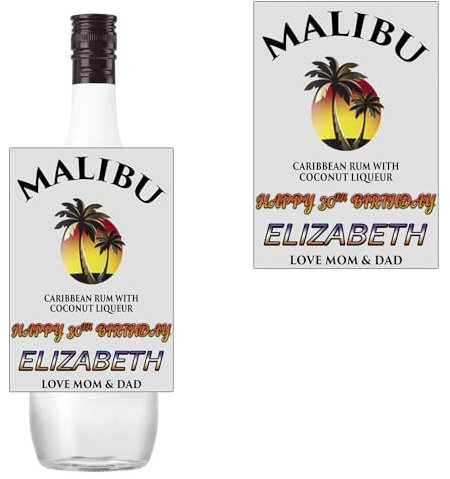 Personalised Customised Label Sticker for Malibu Coconut Rum Bottle Birthday Anniversary Christmas