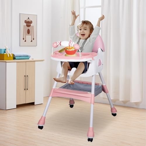 Sinbide Hochstuhl, Kinderhochstuhl mit Rädern, Verstehllbar und Klappbar Hochstuhl, Verstellbarer Rückenlehne & Liegefunktion, Kindersitz mit Sicherheitsgurt für 6 Monaten bis 4 Jahre (Rosa)