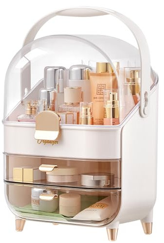 BTGGG Multi-Function Makeup Organiser with Lid, Dustproof Make up Organiser Portable Skincare Organiser Waterproof Cosmetic Storage Box with 2 Drawers for Bedroom Bathroom Desktop, Pearl White