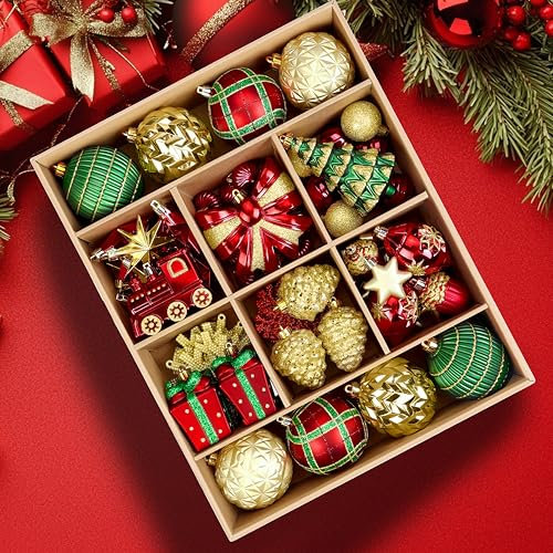 Alupssuc 82pcs Personalised Red Christmas Baubles Ornaments Set, Shatterproof Balls for Christmas Tree Decorations, Holiday Wedding Party and Xmas Decoration with Pre-Hanged Strings, Red & GreenGold
