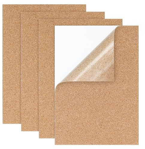 Wzone Kork Selbstklebend Kork-Trägerfolien, 30×21×0.1cm | 4 Stück Korkwand Untersetzer, Korkplatten für die Wände, Böden, DIY and Stanzen