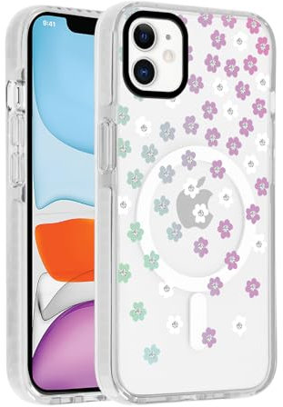 Kueqeay Cover Magnetica per iPhone 11 6,1, Trasparente Aesthetic Fiore Disegni Custodia Compatibilità con MagSafe Silicone Edges AntiGraffio Sottile PC Back Antiurto TPU Bumper Protettiva Case, 06