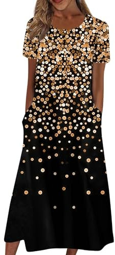 Robe Femme Chic Et Elegant, Robe Longue Femme Ete Manche Courte Robes Longues Femmes Été Coton Vetement Chic des pour Les Robe De Plage Femme Ete Longue Rose Poudré Cache Coeur (1-Gold,S)
