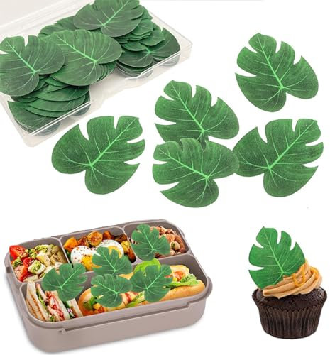 ikappy 48 pièces comestibles Feuilles de Tortue Tropicale Bento Plat, Feuille de Palmier gâteau Bento décoration, Hawaii thème Jungle Party gâteau décoration d'été
