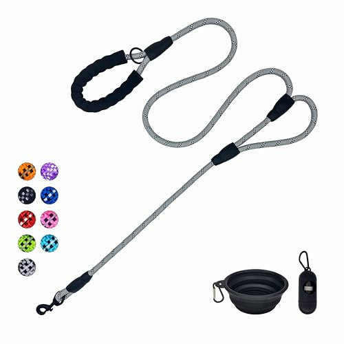 VOZRELS Dog Leash 6ft, Double Handle Dog Leash with Padded Handle, Reflective Double Loop Leash with Traffic Handle, Heavy Duty Rope Leash for Large and Medium Dog Control Safety Training (Gray)